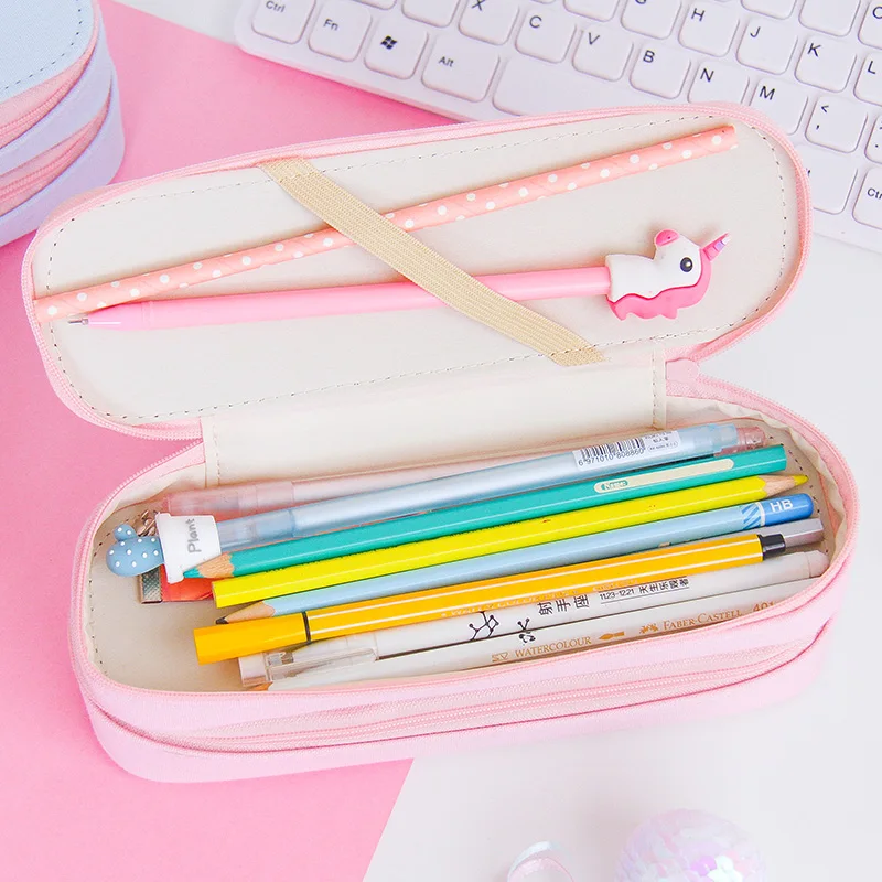Двойной Слои холст большой Карандаш Чехол розовый школьный пенал для карандашей