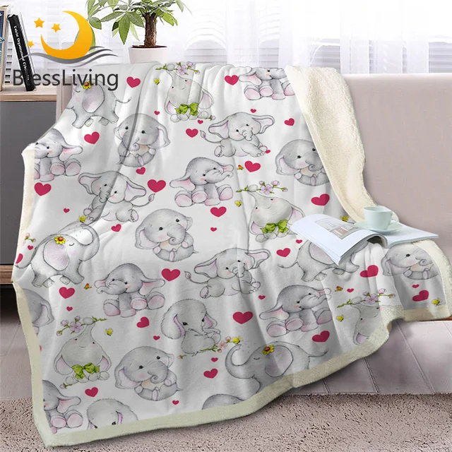 BlessLiving Baby Elephant Sherpa Blanket on Bed Cartoon Animal Throw Blanket for Kids Plush Bedlinen Heart White Bedding Cover 1