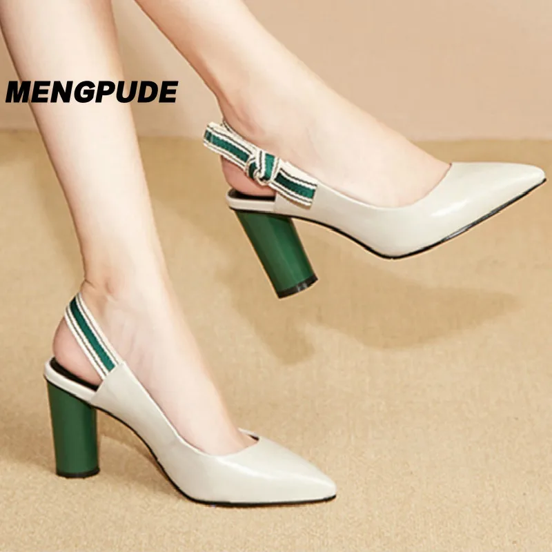 

MPD Simple Women's Pointed Heel Strap Sweet Bow Shallow Shoes Fashion Round with Color Matching Joker High Heels Womens Shoes