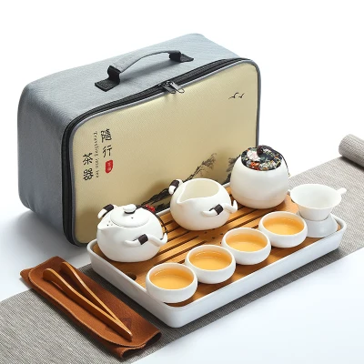 Качественный дорожный чайный набор кунг-фу чайник чашки gaiwan infuser chahai портативная коробка cozies деревянный бамбуковый поднос китайский чайный церемониальный набор - Цвет: SET 4