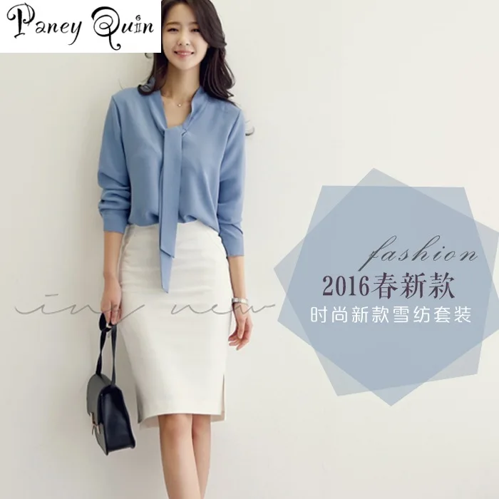 Good quality Chiffon shirt Blouses women OL OFFICE lady Streamer collar solid white blusas Elegant Blue Shirts Female | Женская одежда