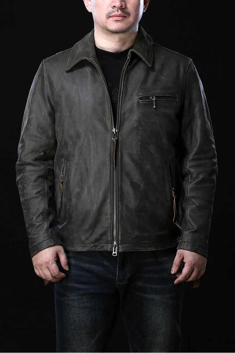

1930's American vintage casual genuine men turn down collar motorcycle coat autumn real cow leather jacket male