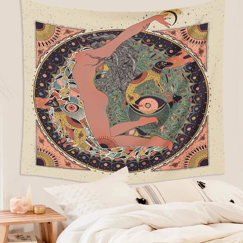 Психоделический гобелен с изображением обнаженной сексуальной женщины черепом
