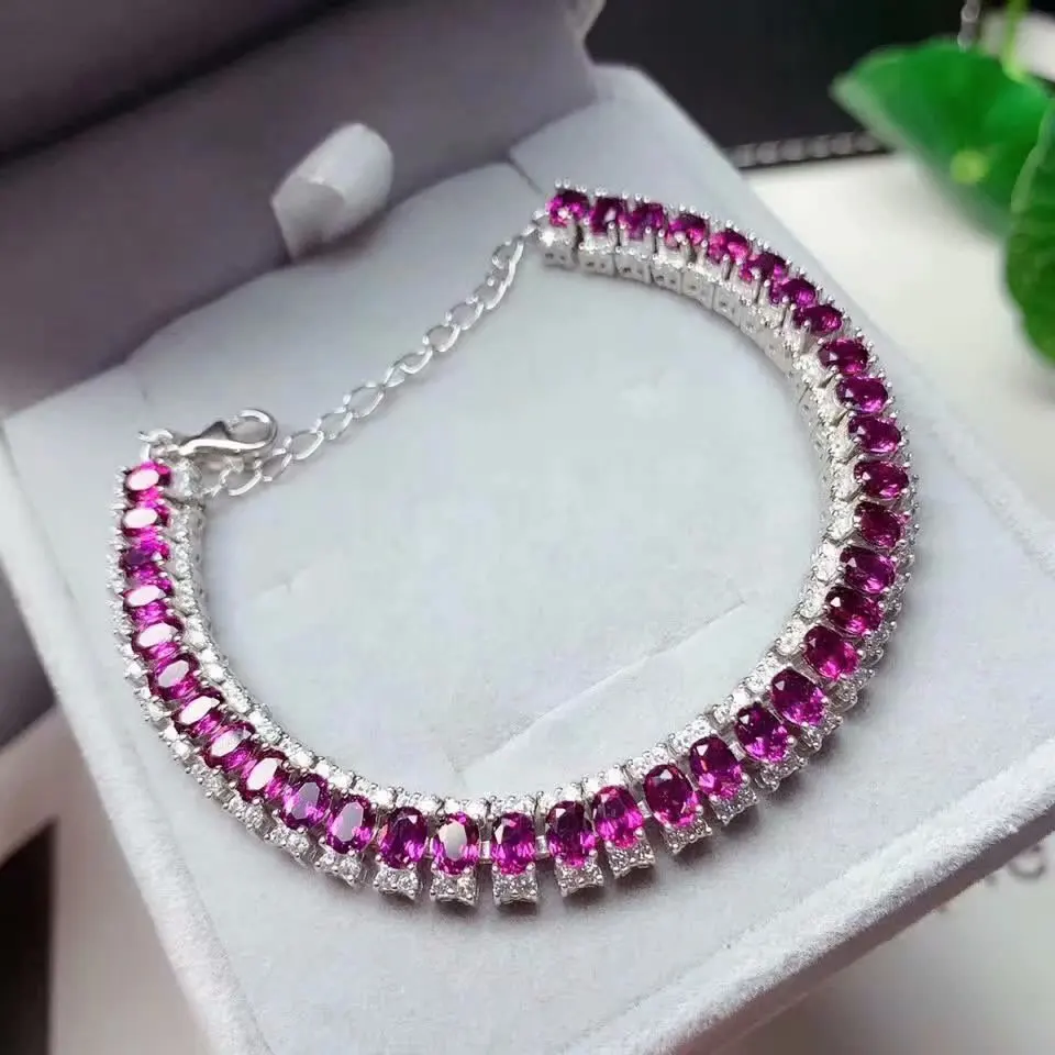 

Icnway 19cm Natural Mozambique Garnet 3x4mm Faceted Oval Gemstone S925 Sterling Silver Chain Bracelet