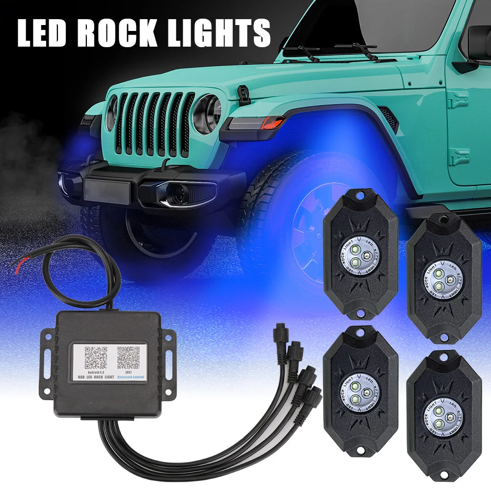 

For Jeep Atv Suv Offroad Truck RGB LED Rock Lights 4 Pods Multicolor Neon LED Lamp Kit Underbody Music Light Bluetooth APP