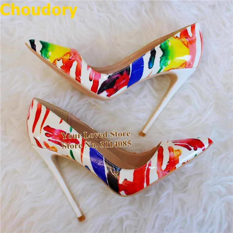 

Charming Ladies Multi-color Graffiti High Heel Shoes Colorized White Heels 12cm Wedding Pumps Shallow Cut Pointed Toe Shoes