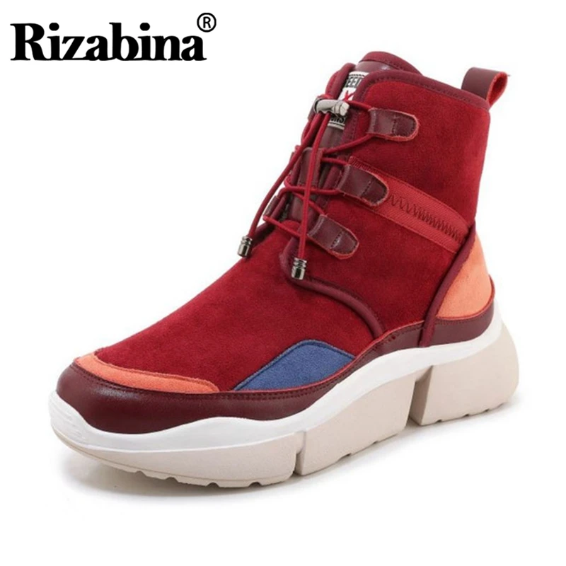 RIZABINA/6 цветов Женские ботильоны из натуральной кожи Кроссовки с теплым мехом