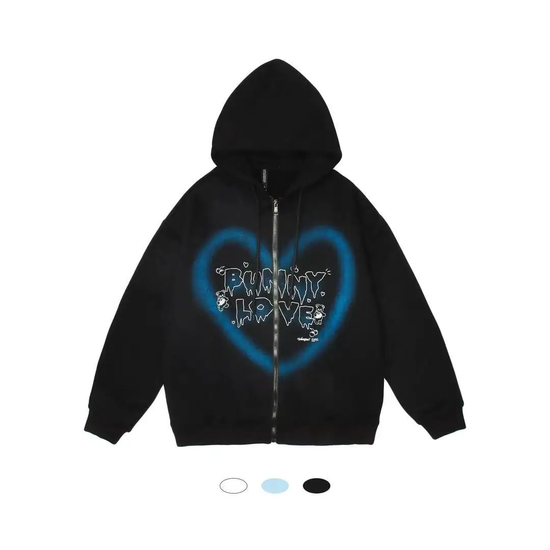 

Harajuku Heart Letter Kawaii E-girl Anime Women Sweatshirts Y2k Zip-up Hoodie 2021 Autumn Graffiti Bear Print Punk Sweatshirt