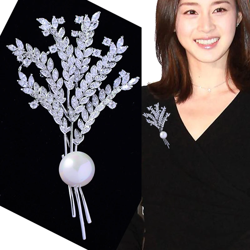 Белые Броши из пшеницы для женщин и мужчин модный костюм с кристаллами жемчугом