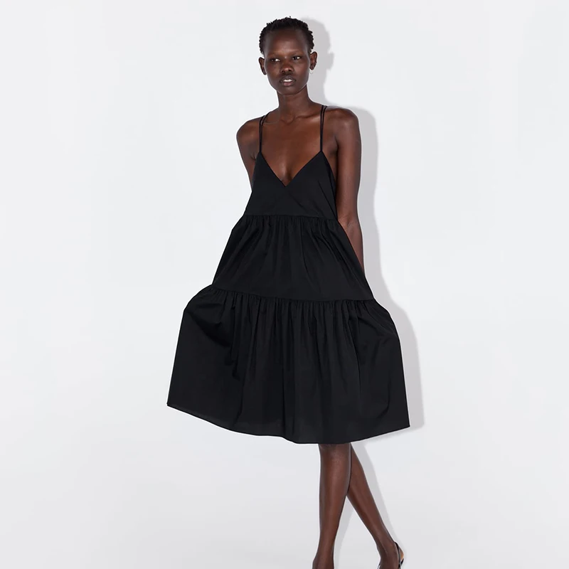 Женское черное платье на бретелях ZA новое летнее пикантное свободное