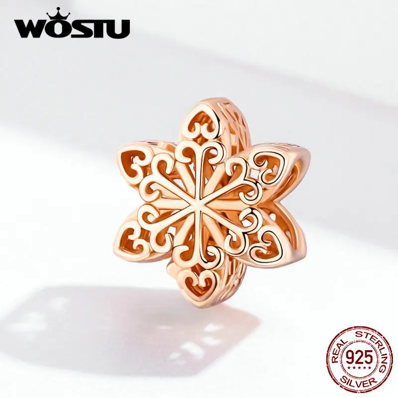 WOSTU 100% Стерлинговое Серебро 925 пробы снежинки амулеты розовое золото бусины
