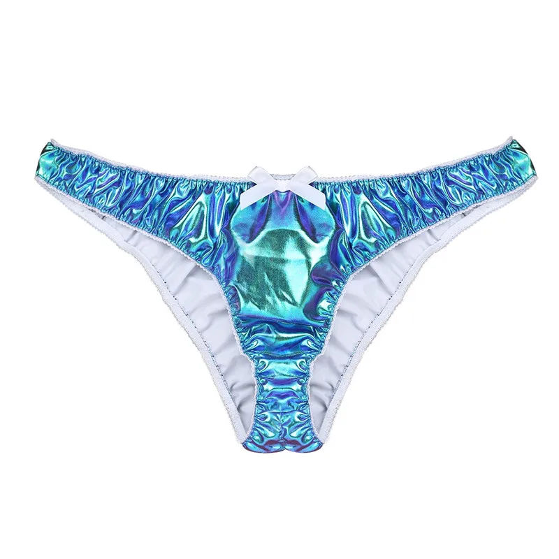 Мужские трусы бикини с рюшами синие эластичные из искусственной кожи