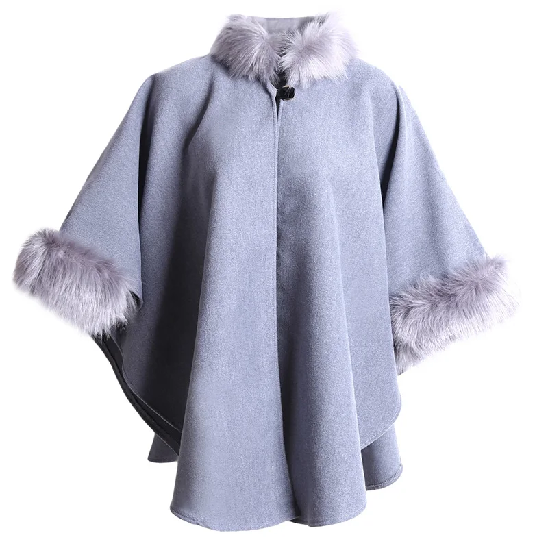 

New Fox Fur Collar Women Jackets And Coats Long Woolen Coats Cape Cloak Jacket Female Fox Fur Overcoats Thick Winter Coat Ladies