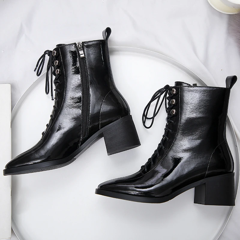 Beli Kulit Gandum Penuh 6.5cm Tinggi Tebal Bawah Tumit Cross-tied Renda Zipper Musim Dingin Tetap Hangat Warna Murni Semata Kaki JGG09 MUYISEXI