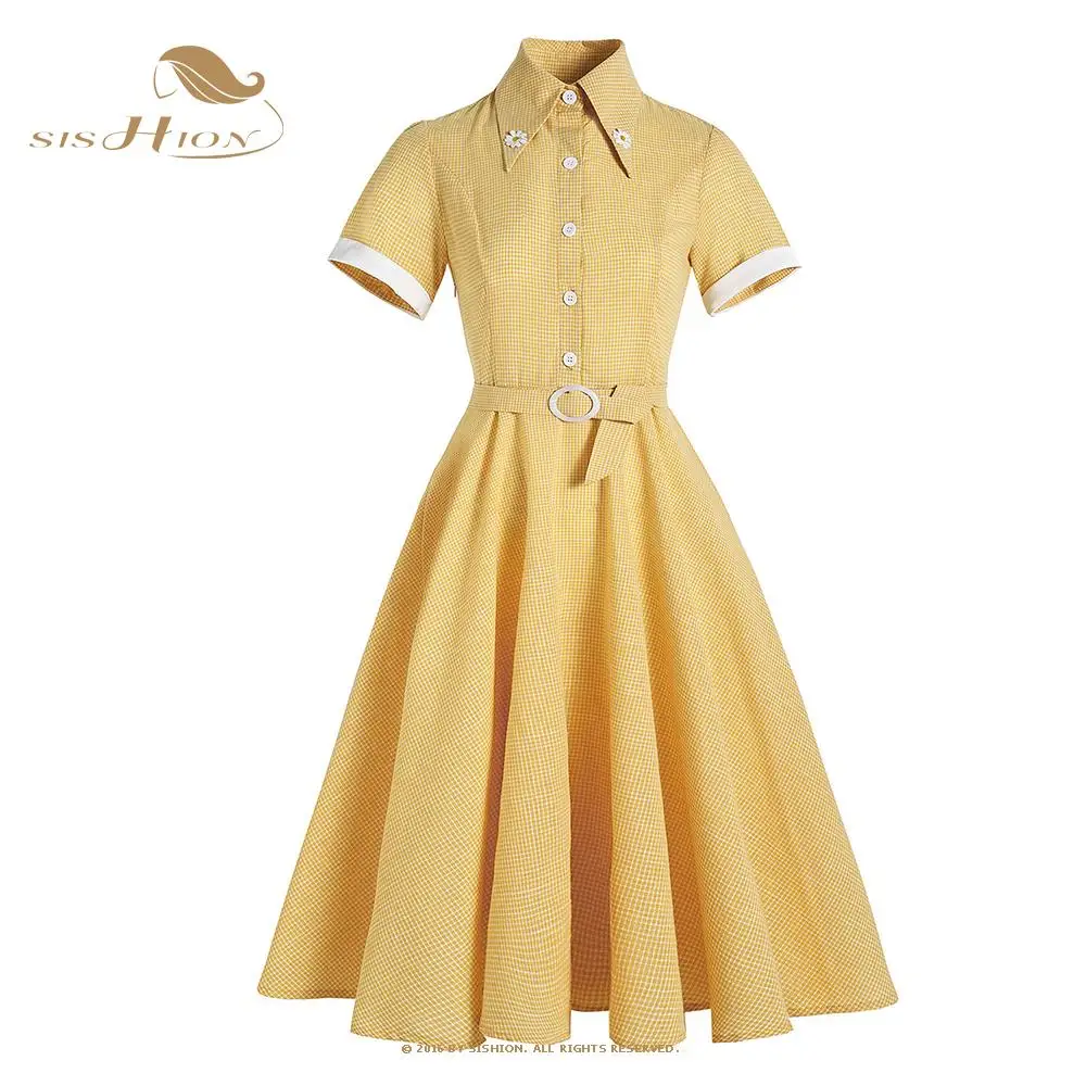 

SISHION Hepburn Style Retro British Small Daisy Short Sleeve Large Swing Summer Dress VD1999 50s 60s Women Yellow Plaid Dresses