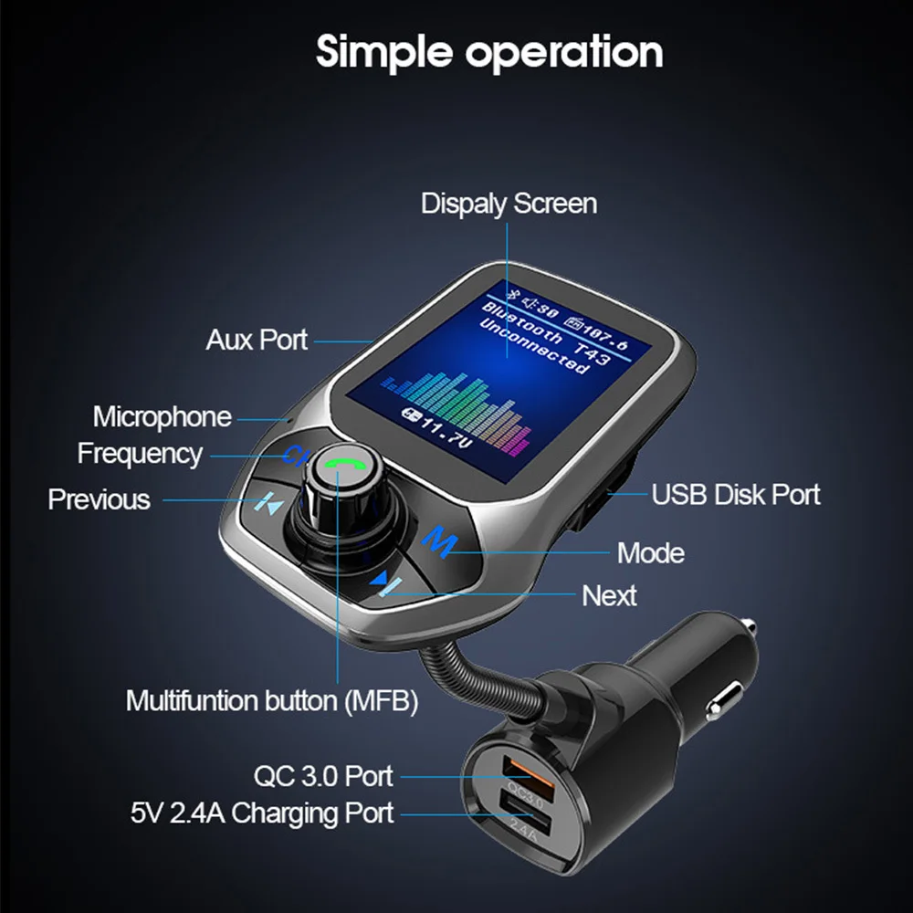 1.8" Car MP3 Music PlayerColor Display Bluetooth Kit Handsfree Set 3 USB Port QC3.0 Quick Charge FM Transmitter | Автомобили и