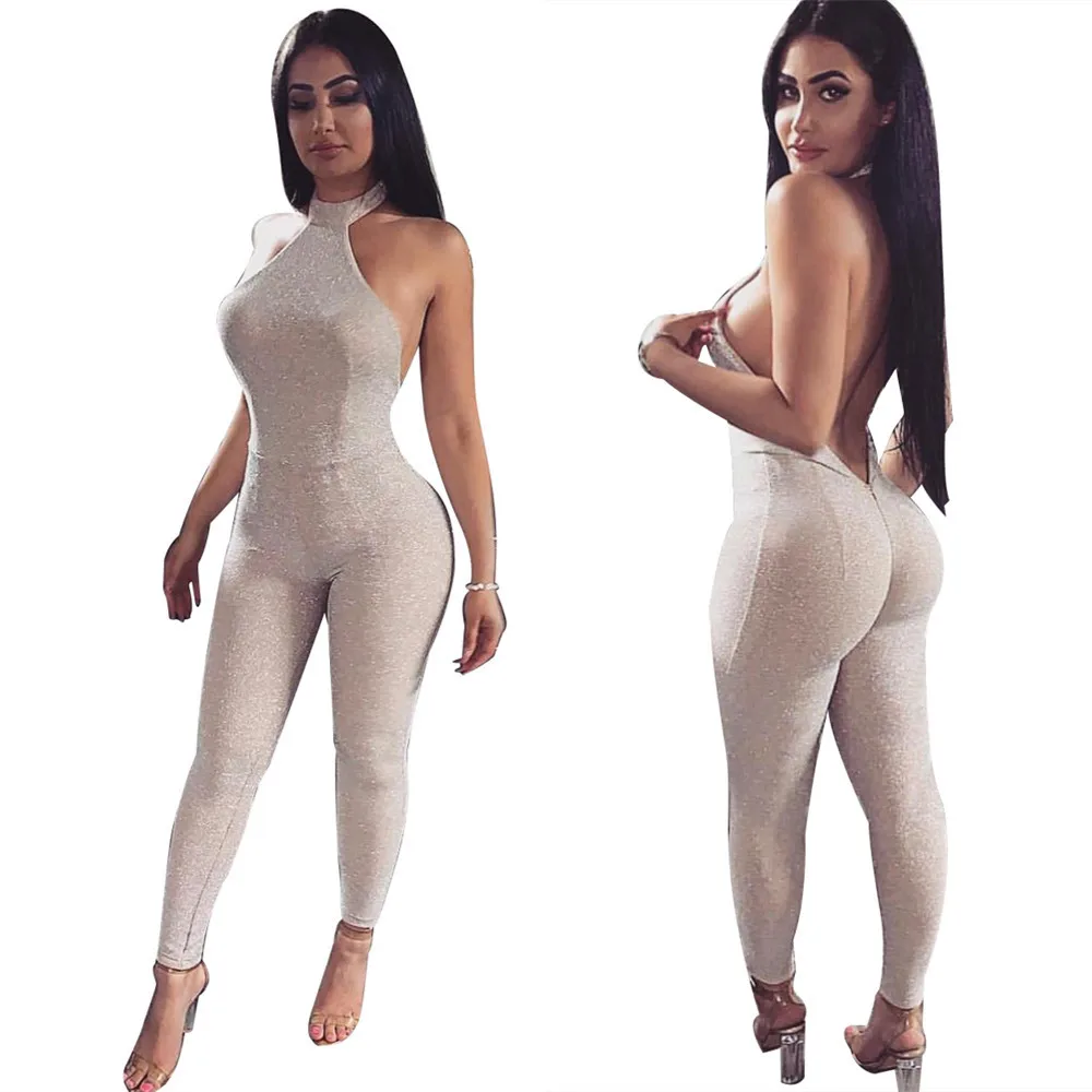 

New Style Solid Color Backless Sexy Women Jumpsuits Sleeveless Round Collar Skinny Fashion Party Nightclub Romper