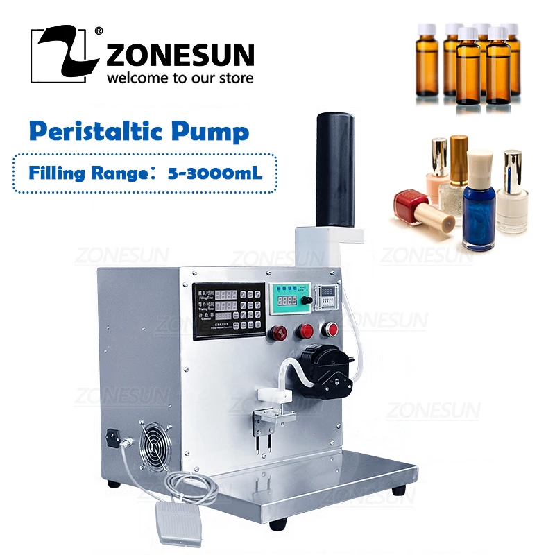 

ZONESUN 5-3000ml Semi-automatic Liquid Filling Machine Peristaltic Pump Nail Polish Perfume Shampoo Milk Oil Vial Bottle Filler