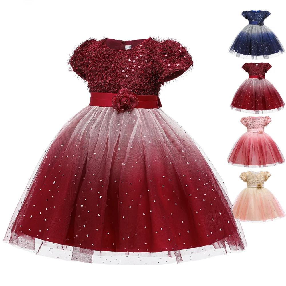 

Wholesale Short Sleeve Fashion Sequins Princess Flower Baby Girl Dresses New Style Formal Kids Lace Wedding Party Evening Dress