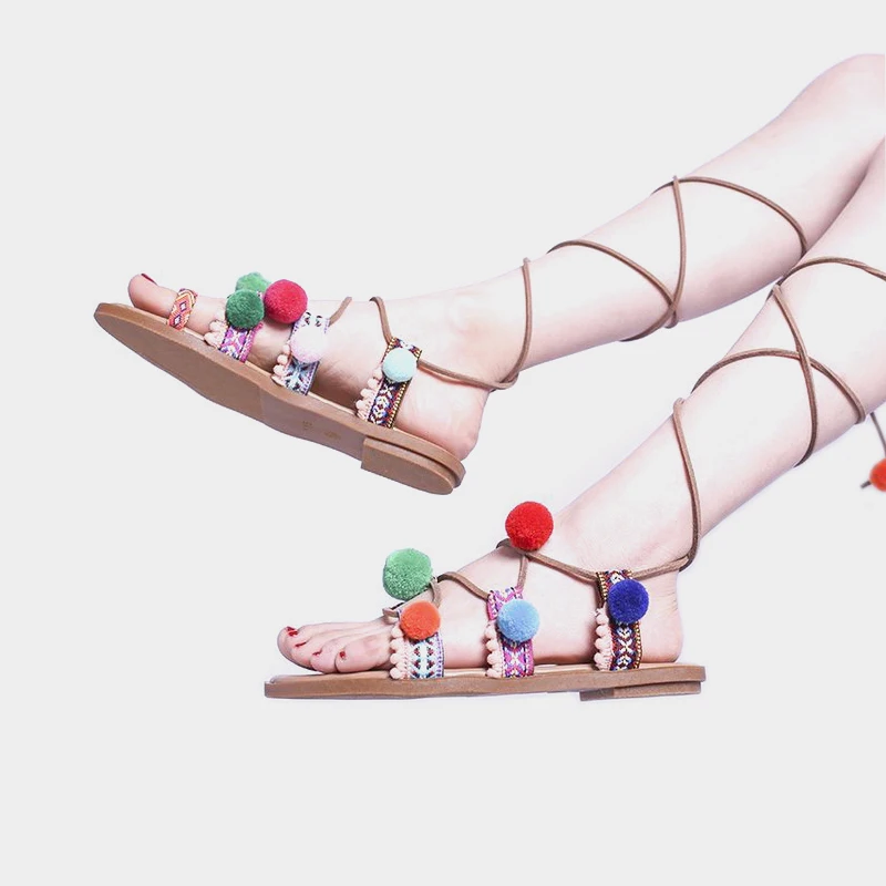 

2021 Summer Flats Sandals Women Cross Binding Tassel Color Fur Ball Flat Bottom Roman Sandals Women's Bohemian Sandalias Slides