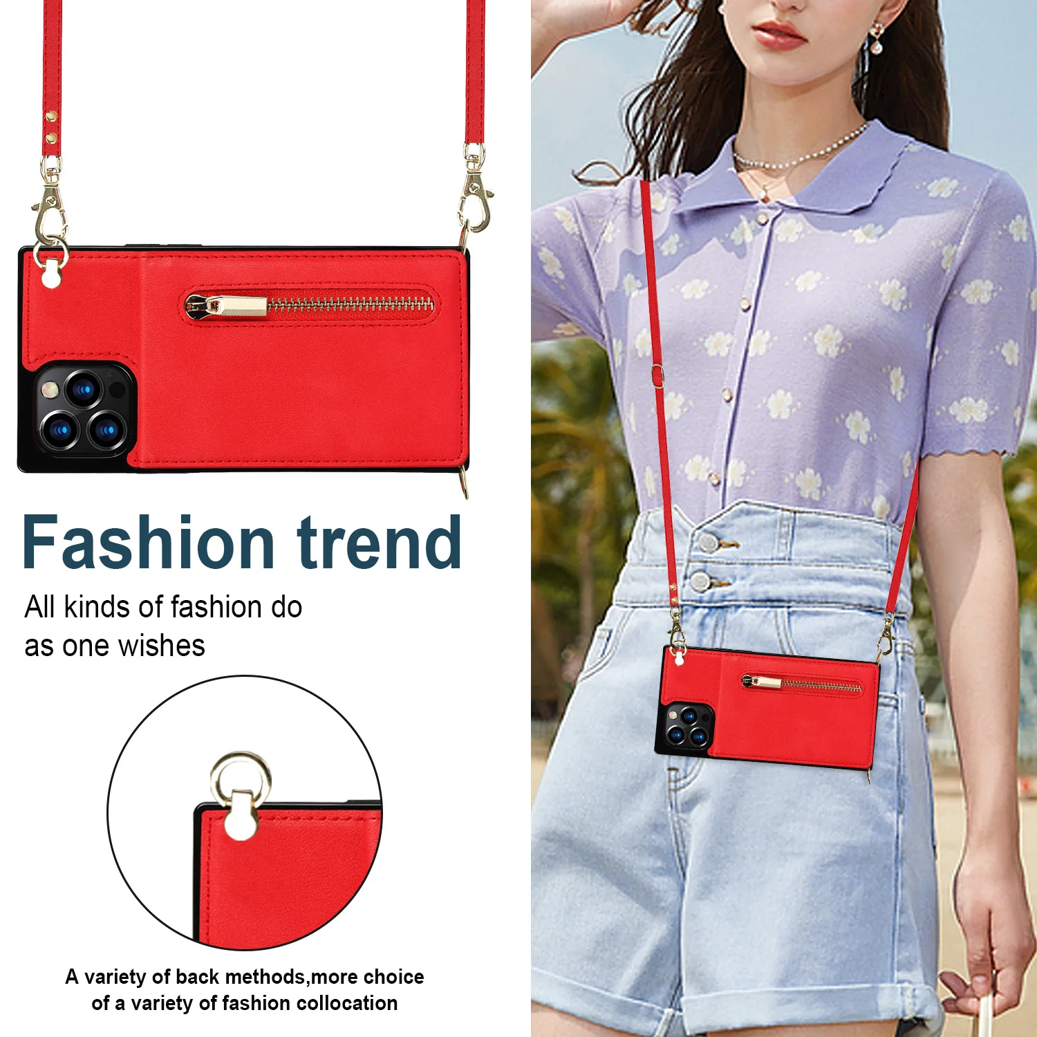 

Multifunctional card pack Apple iPhone 14max/13 ProMax phone case leather strap diagonal zipper 11 wallet card 12 bracket
