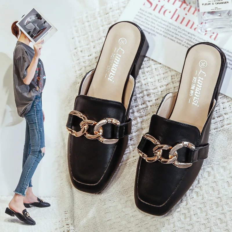 

Black Flat Mules Women Shoes PU Leather Slip on Flats Shoes for Women Square Toe Slippers Ladies Flip Flops Spring Slides