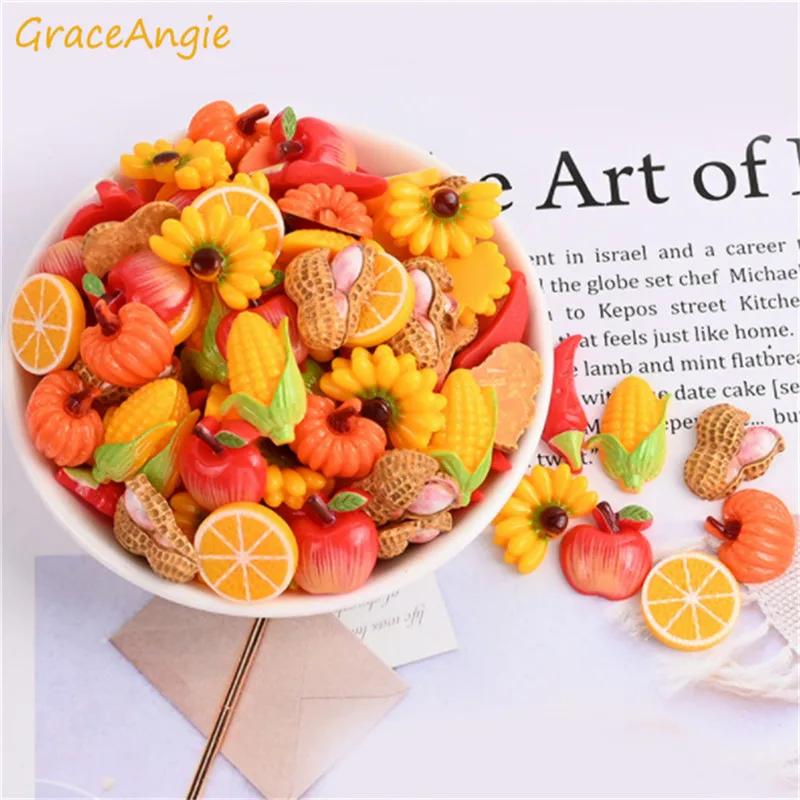 

20Pcs Resin Kawaii Colorful Fruit Apple Banana peanut Corn Flatback Cabochon Simulation Food Art Supply Decoration Charm Craft