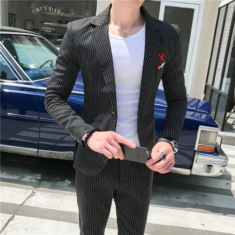 2019 autumn men's single button business casual suits Men's fashion embroidery letter suit two-piece blazer + pants | Мужская