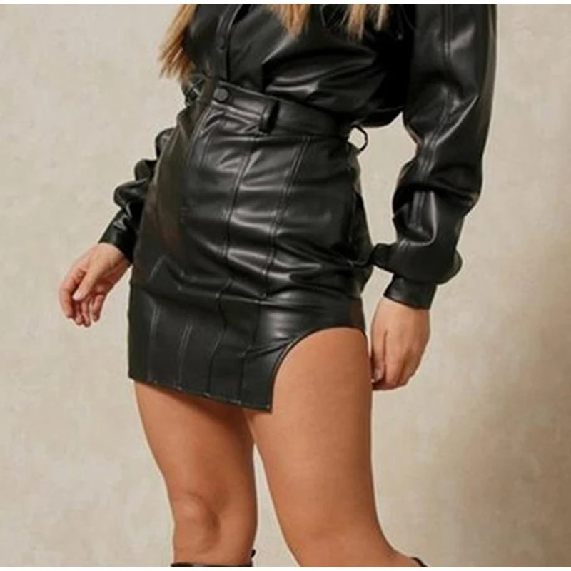 

Pu Leather Sexy Skirt Casual Fashion Bodycon Black Skirts 2021 Summer High Waist Button Side Split Elegant Party Women Skirt