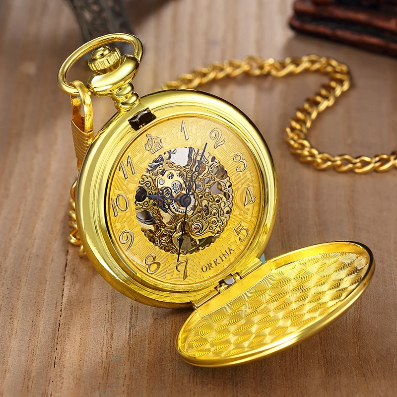Golden Sliver Smooth Automatic Mechanical Pocket Watch FOB Chain Hand Winding Hollow Pocket Watch For Men Women
