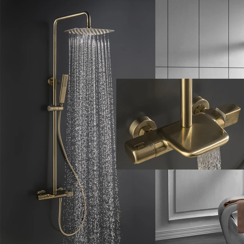 

Bathroom Bathtub Faucet Set Brass Wall Mounted Thermostatic Styel Waterfall Shower Brush Gold /Black Finished