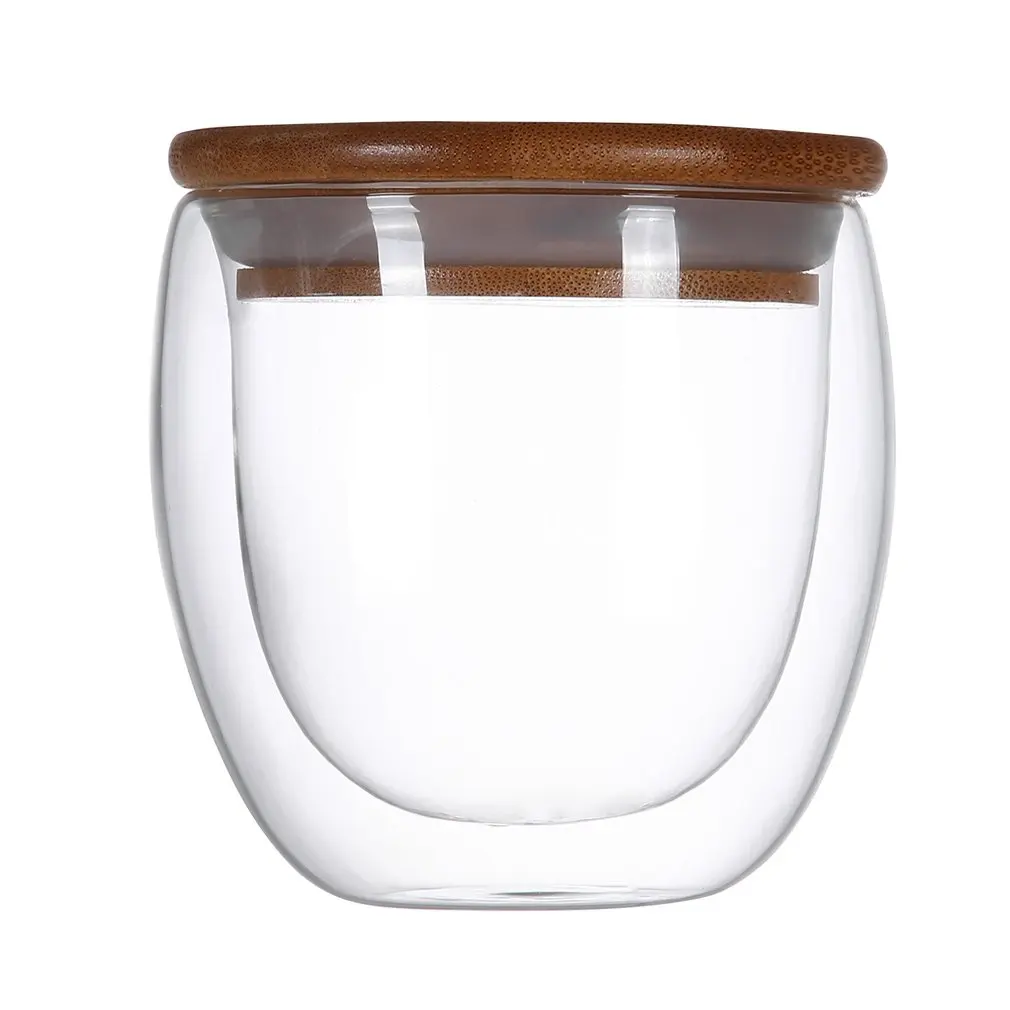 

250ml/350ml/450ml Double Layer Wall Clear Glass Tea Cups + Bamboo Lid Set Anti-scalding Glass Coffee Tea Milk Insulation Mugs