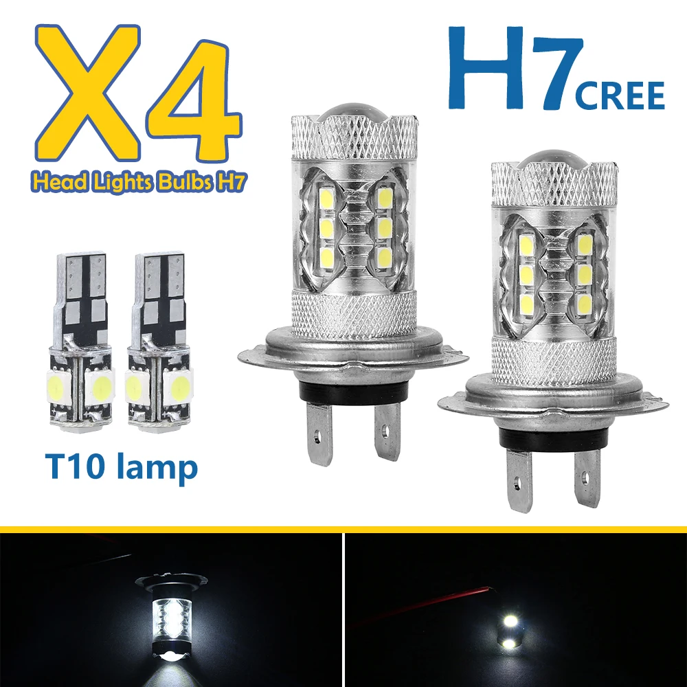 

2 Pcs H7 + 2 Pcs T10 LED Headlight Kit 80W 6000K Hi Or Lo Beam Bulbs White IP68 Waterproof Canbus Led Headlight Car Accessories