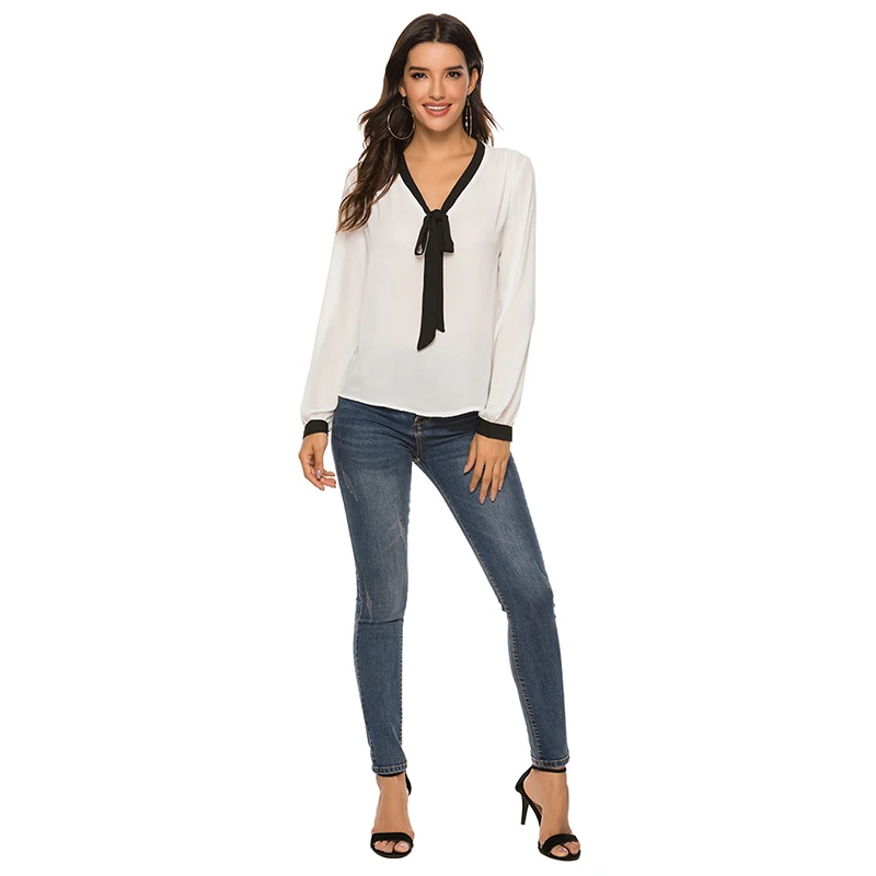

Spring Autumn White Blouse Long Sleeve Chiffon Blouse V-neck Women Tops And Blouses Office Shirt Lady Bow Blouse Shirt Blusas