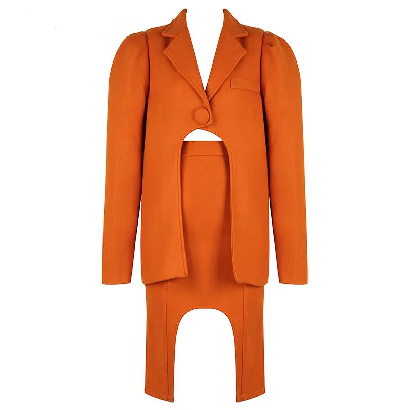 Verkaufen Frauen Zwei Stück Sets Retro Orange Puff Hülse Woolen Mantel Unregelmäßigen Rock Set Mode Zwei Stück Set Top Und Rock 2020 Kleidung