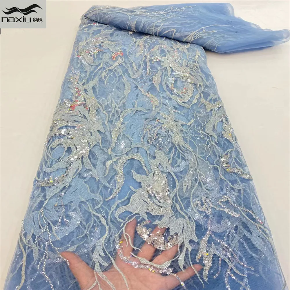 

Madison Heavy African Sequence Lace Fabric Blue Mesh Fabric French Net Lace Fabric With Sequins Tulle Fabric Lace Party