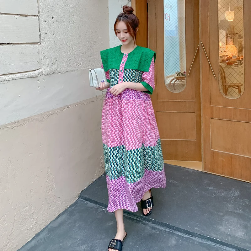 

2021 Summer Big Turn-down Collar Short Sleeve Women Stitching Large Size Women Clothing Contrasting Check Ladies Robe