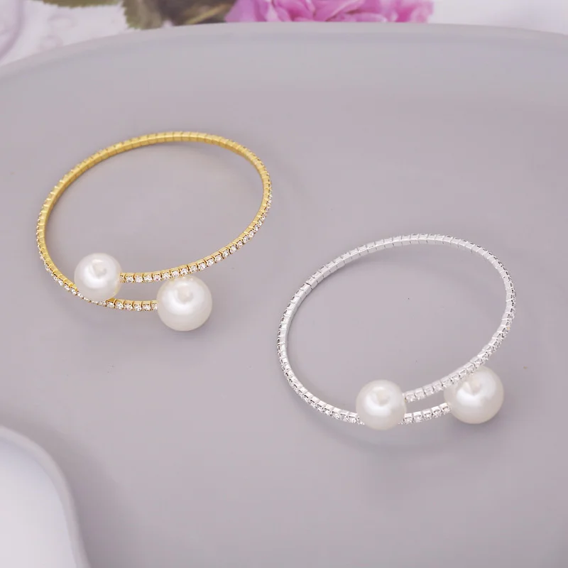 

Vintage Adjustable Pearl Rhinestone Elastic Bracelet Opening Crystal Charm Couple Bangles for Women Jewelry Gifts
