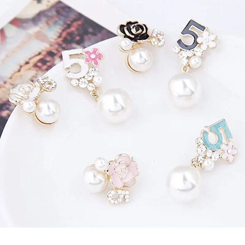 Женские длинные серьги кисточки стразы с большим жемчугом и цифрой 5 в