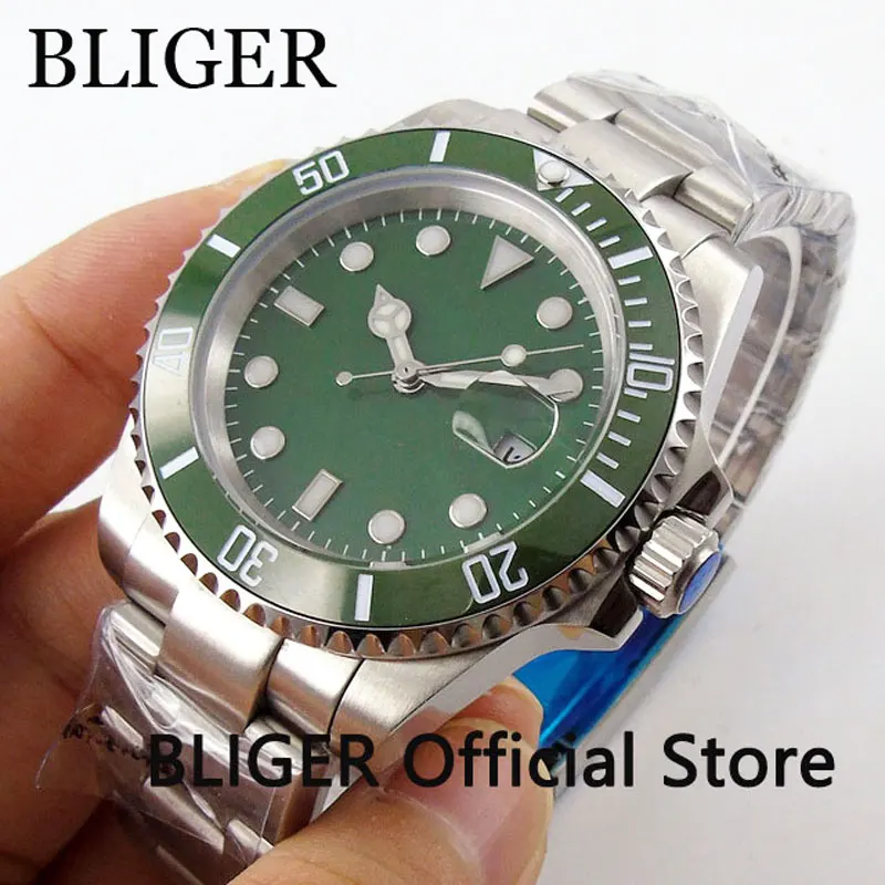 

Сапфировое стекло BLIGER 40 мм зеленый циферблат керамический ободок светящиеся отметки Дата MIYOTA Автоматический ход мужские наручные часы B42