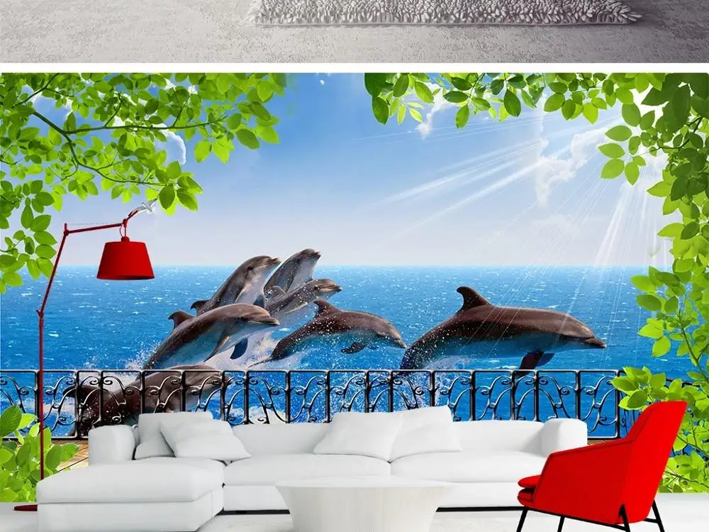 

New Custom 3D Large Mural Wallpaper Modern minimalist seaside balcony sea dolphin children's room TV Background living Bedroom