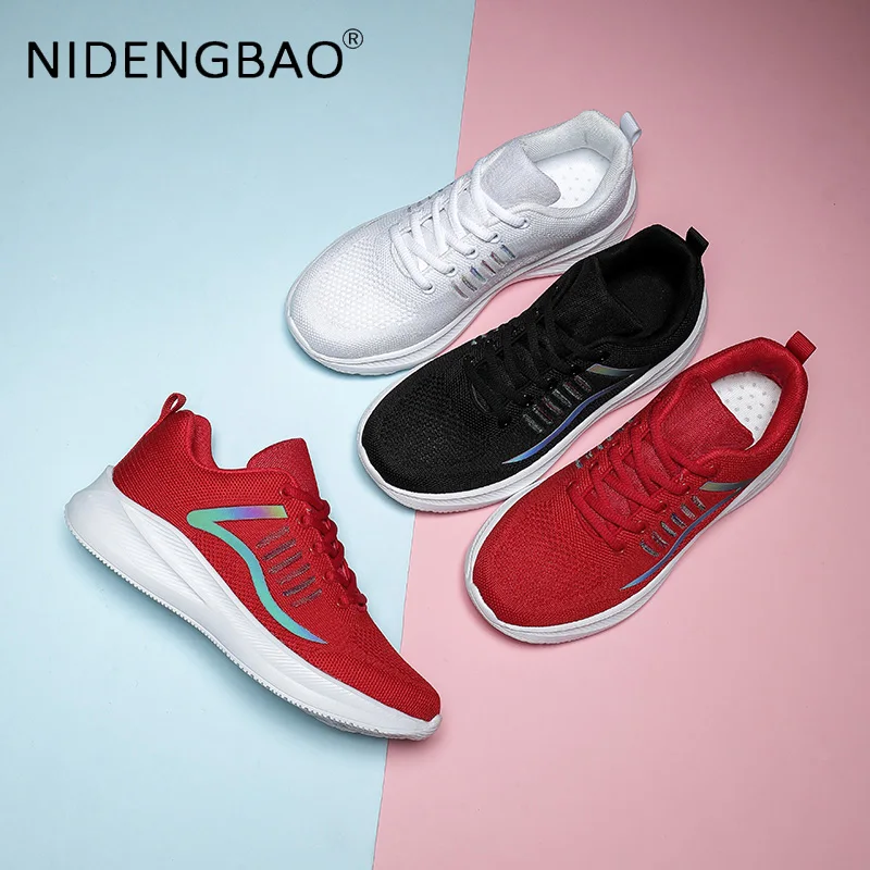 Running Shoes For Women 2021 Fashion Reflective Sneakers Fly Woven Breathable Lightweight Marathon Athletic Trainers Size 35-42