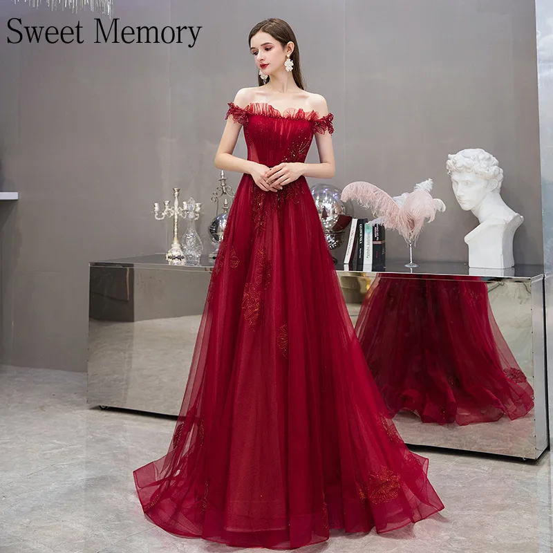 

S0156 Custom Made Boat Neck Wine Red Banquet Long Evening Dress Lace Up Party Vestido Sweet Memory