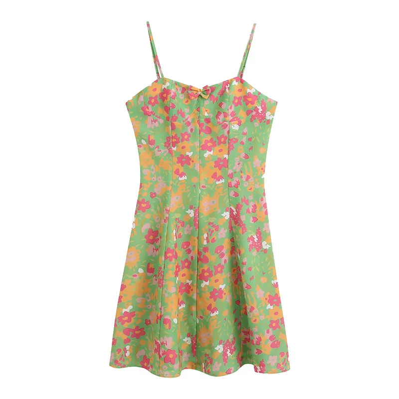 2020 Women Chic Elegant Bow Floral Print Mini Dress Vintage Fashion Back Zipper Spaghetti Strap Dresses Casual Female Vestidos | Женская