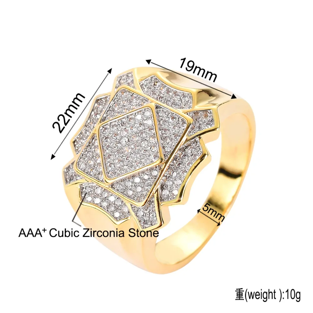 

New Fashion Hip Hop Fashion Rings Copper Gold Bijoux Color Iced Out Bling Micro Pave Cubic Zircon Geometry Ring Charms For Men