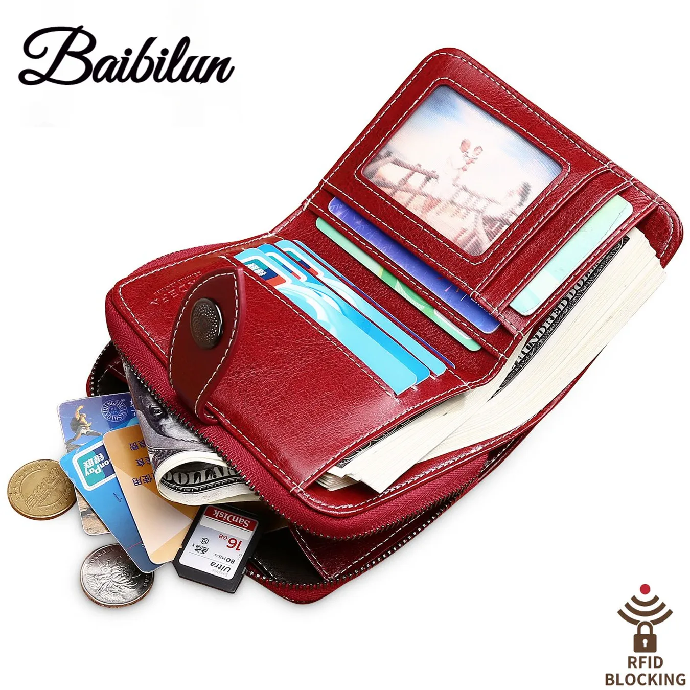 

RFID Leather Ladies Short Wallet Two Fold Women's Zipper Retro Wax Leather Wallet Baibilun