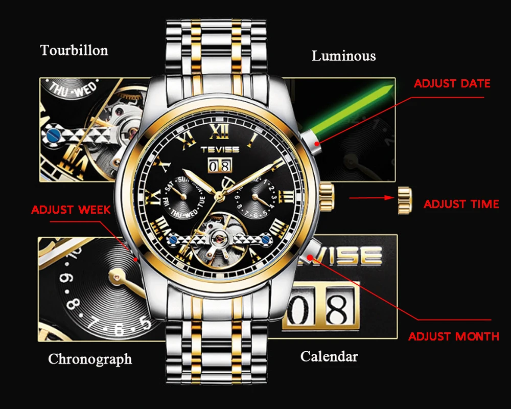 TEVISE, мужские часы, автоматические механические часы, мужские Tourbillon, водонепроницаемые часы со скелетом, мужские наручные часы, Relogio Masculino