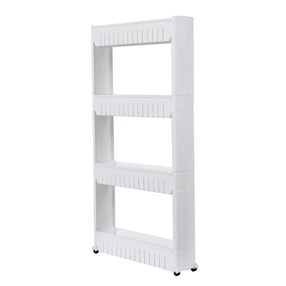 

4 Layer Gap Kitchen Storage Rack Slim Slide Tower Movable Assemble Plastic Bathroom Shelf Wheels Space Saving Organizer