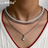 vintage imitation pearl beaded crystal heart pendant necklace for women multi layer simple silver color chain necklaces jewelry