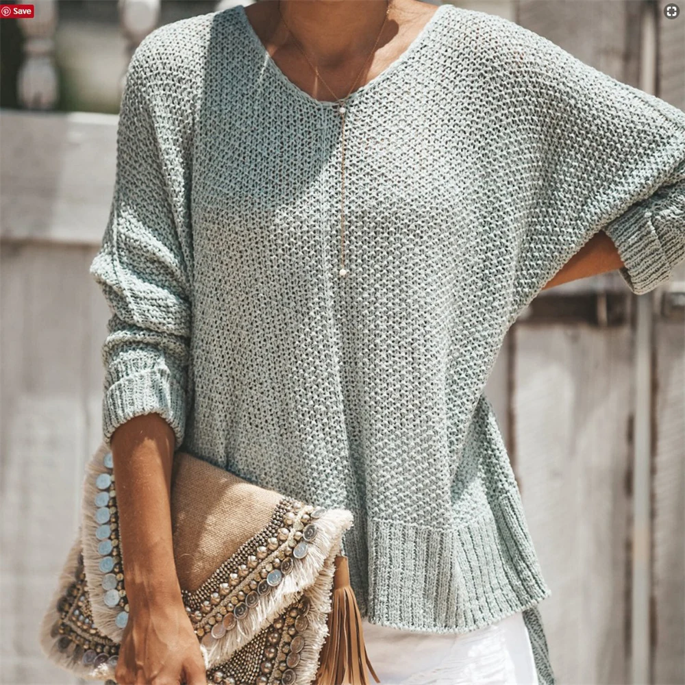 

women's elegant clothes autumn sexy loose sweaters girls solid street wear fashion v-neck long sleeved casual tops clothes